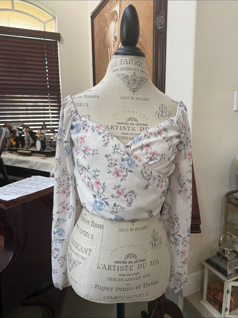 Windsor Cream Floral Off-Shoulder Wrap Blouse with Pink & Blue Flowers